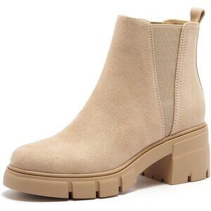 Redtop Women's Nude Faux Suede Elastic Chunky Block Heel Lug Sole Ankle Boot